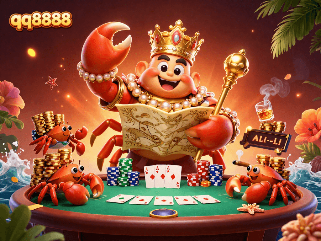 Win big at qq8888 with a vibrant casino scene featuring the golden crab emperor and poker elements.