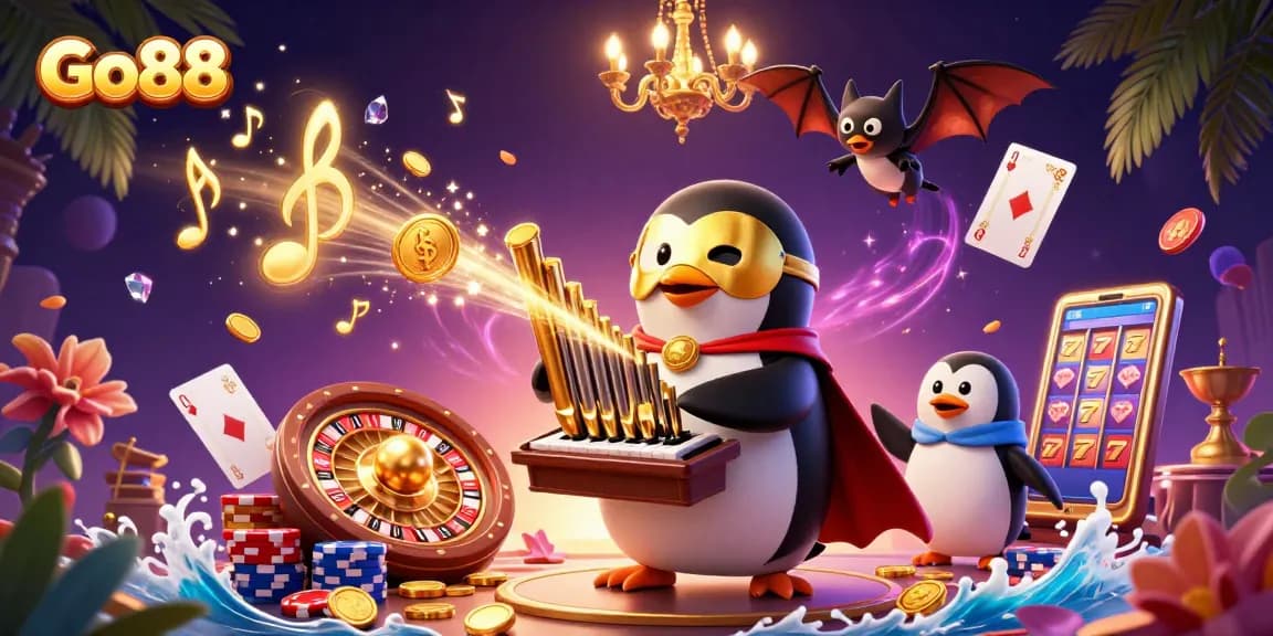 Experience the thrill of Go88 with a 3D penguin organist, cascading coins, and vibrant casino elements.