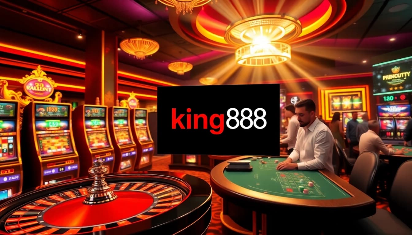 Experience the excitement of king88 in a vibrant casino environment with gaming tables and slot machines.