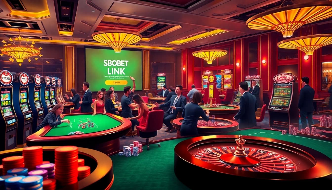 sbobet link login interface showcasing vibrant casino elements and excited players engaging in betting activities