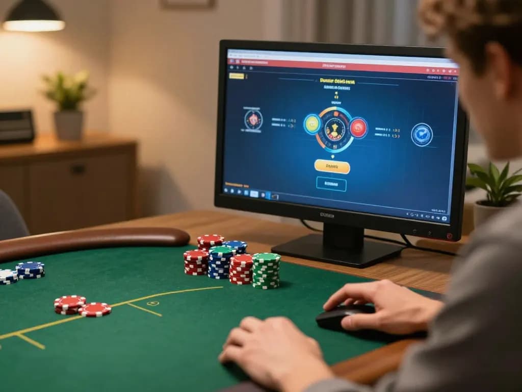 pengguna trapstarstores terlibat dalam permainan poker online, menyoroti keputusan taruhan strategis di kantor rumah yang nyaman.