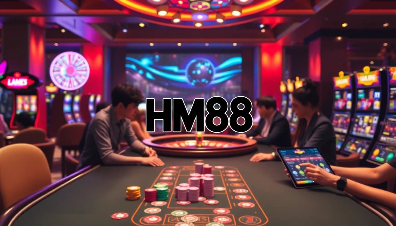 Players engaging with exciting HM88 online casino games at a modern gaming table.