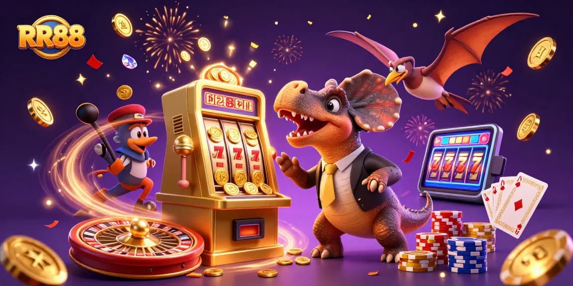 Experience exciting wins at RR88 as a 3D pachycephalosaurus celebrates jackpot coins raining down from a slot machine.