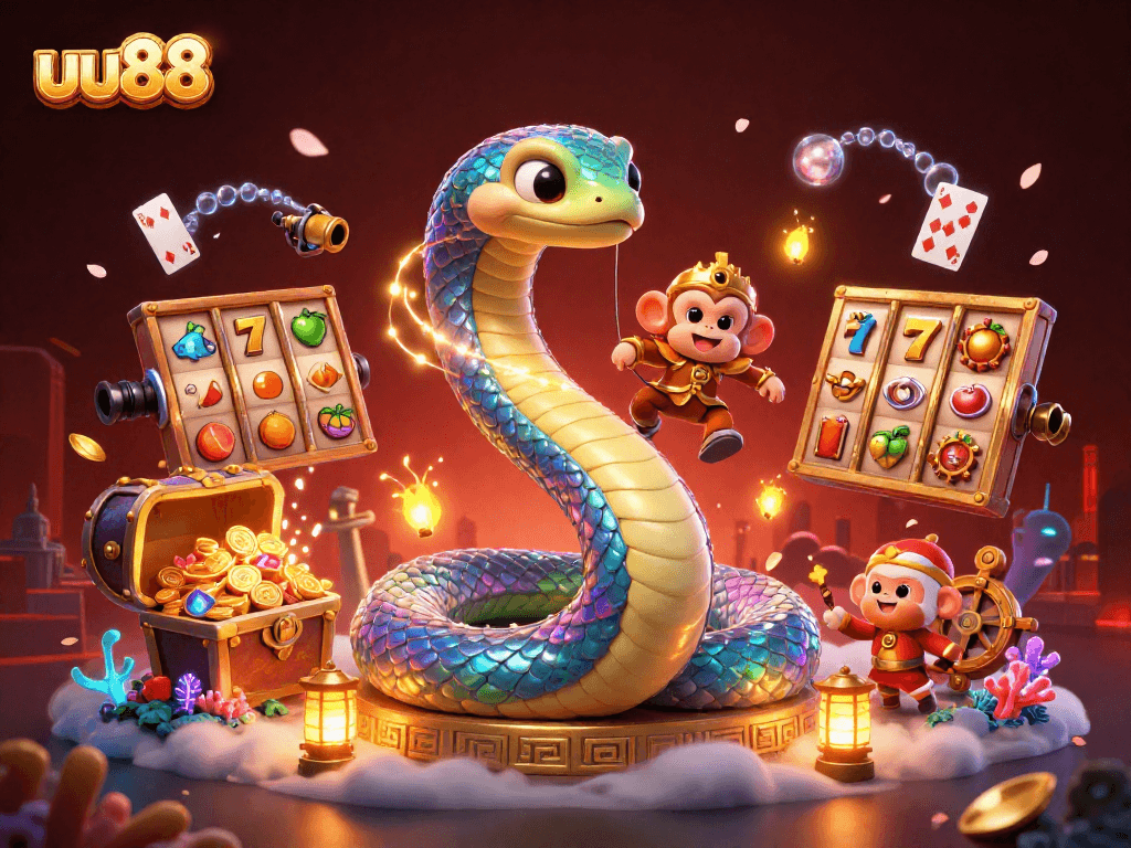 Spin to win with uu88's vibrant slot-filled casino scene featuring magical characters.