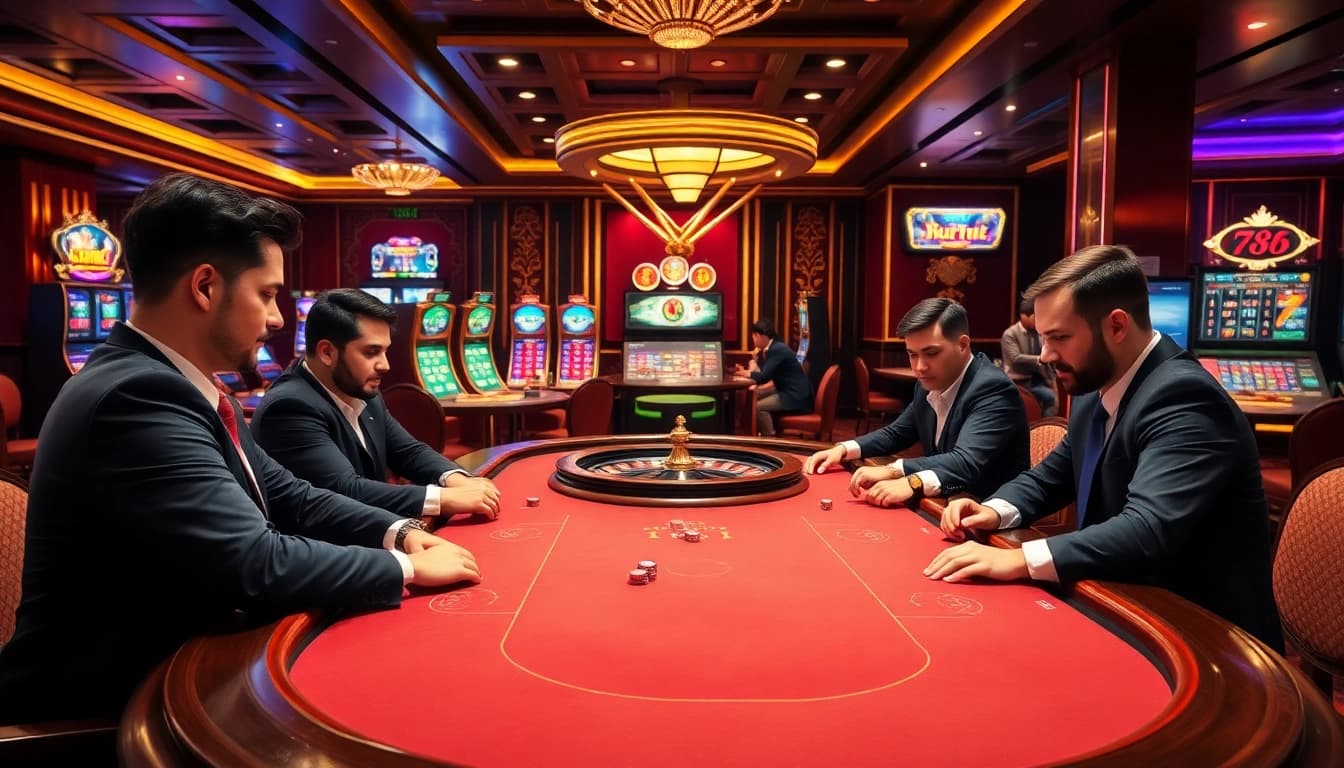 Exciting scene of professional players at a poker table in 789win casino with vibrant atmosphere.