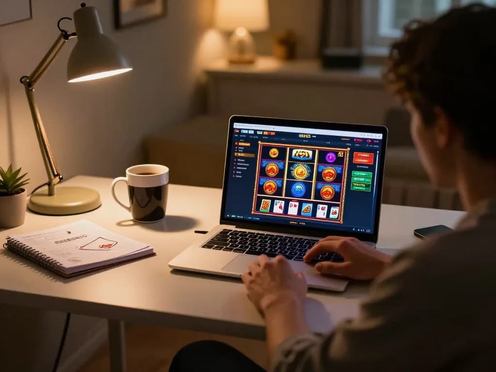 Player engaging with goal123 online casino on laptop, dynamic gaming atmosphere in a cozy home.