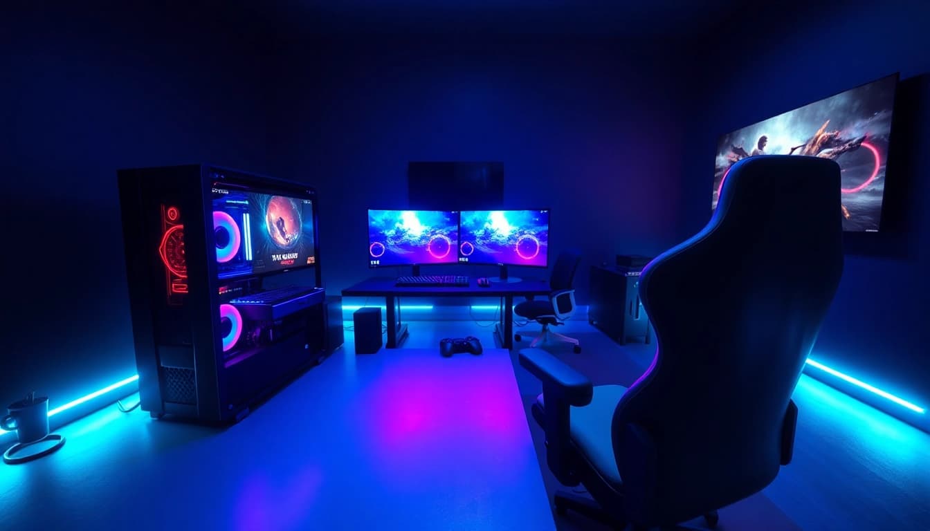 Engaging higame gaming setup with vibrant colors and high-performance equipment.