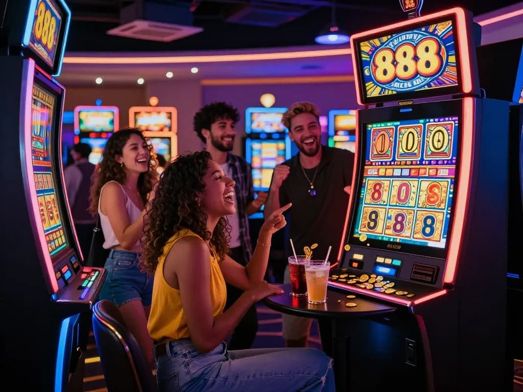 Exciting group of friends celebrating a big win at the Lucky 88 slot machine in a vibrant casino atmosphere.
