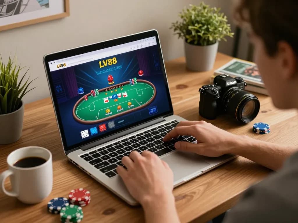 Player engaging with LV88's online casino interface while strategizing on bankroll management