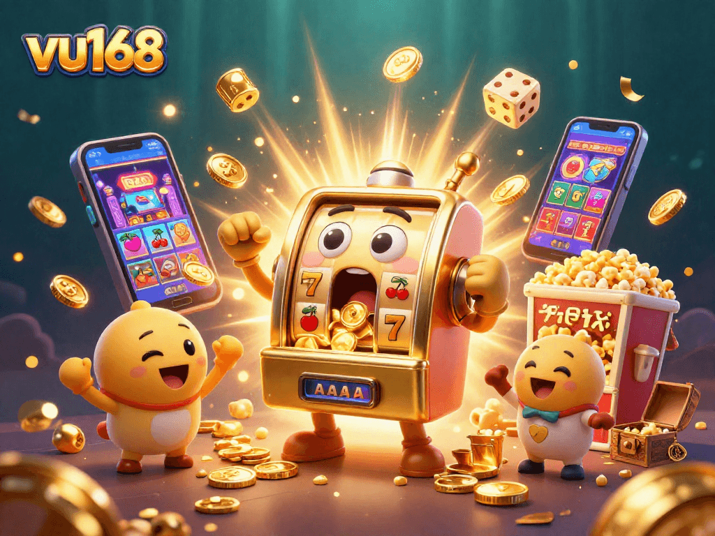 Experience the excitement of winning at vu168 with a lively 3D casino scene showcasing golden slot machines and jackpots.