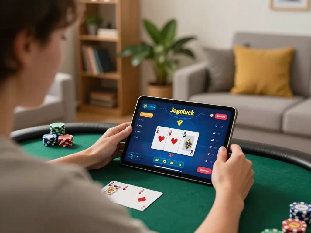 Engage in strategic poker gameplay on Jogoluck in a cozy home setting with a tablet.