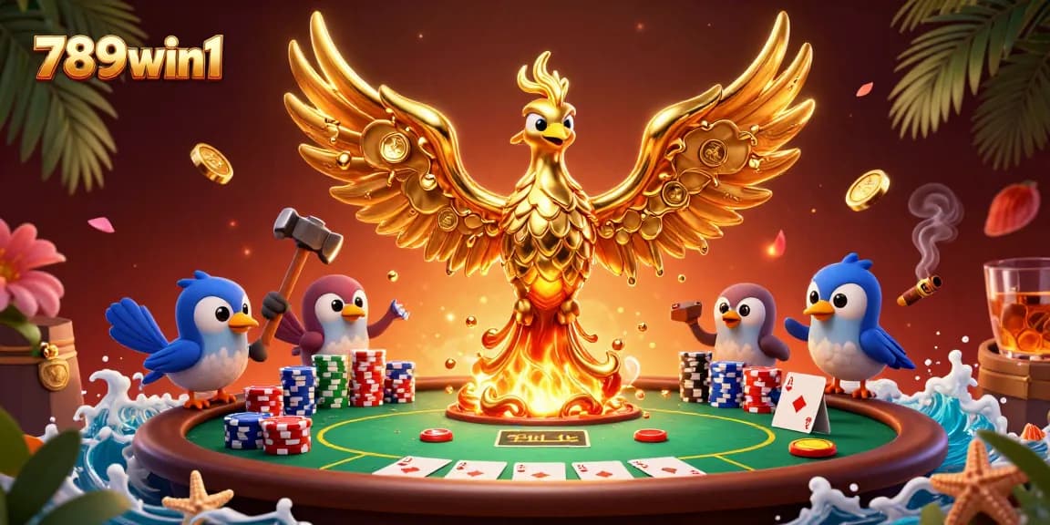 Experience the excitement of 789win1 casino with a vibrant 3D phoenix and poker action.