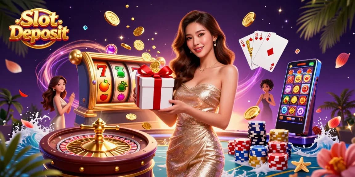 Spin to win with Slot Deposit at an exciting casino scene showcasing vibrant slot reels and festive elements.