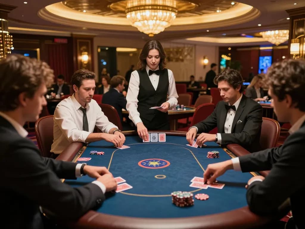 JUN88 VIP gaming scene showcasing engaged players at a luxurious poker table in an upscale casino
