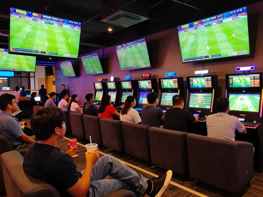 KÈO TRỰC TUYẾN sports enthusiasts placing bets in a lively lounge atmosphere.