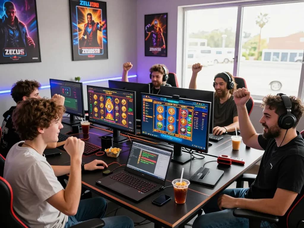 Players enjoying the Zeus138 online gaming platform in a vibrant and energetic setting, showcasing their excitement and engagement.