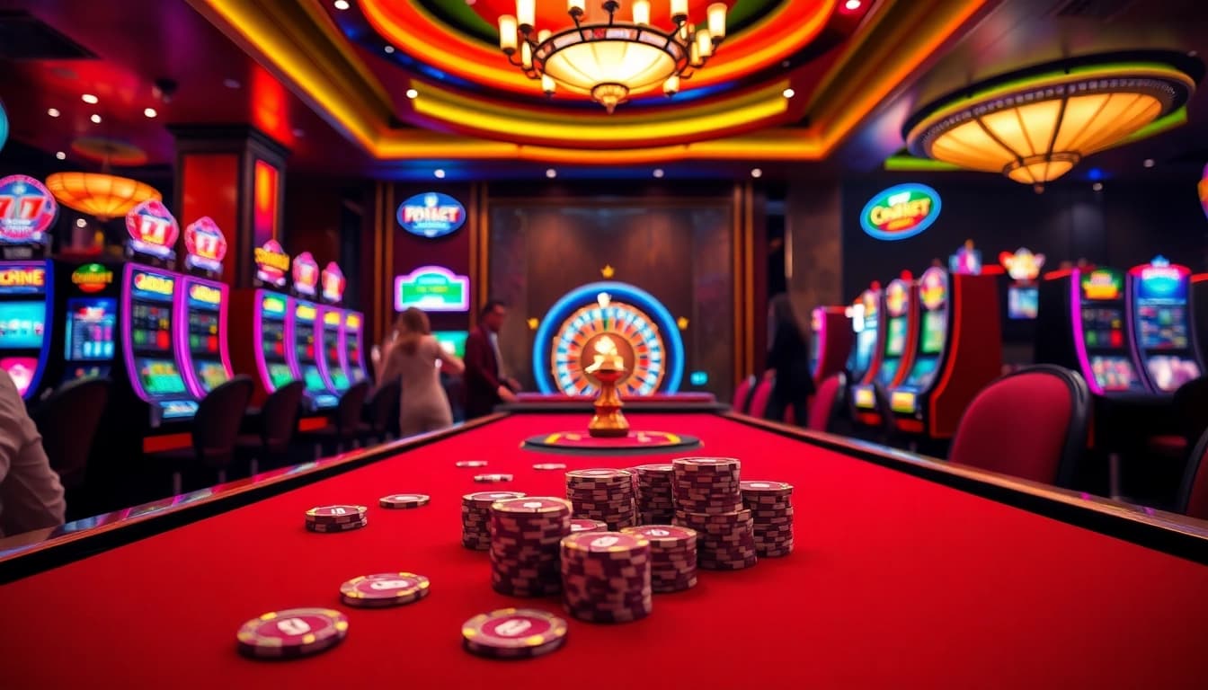 Engaged players enjoying 999BET games at an upscale casino table with vibrant slot machines.