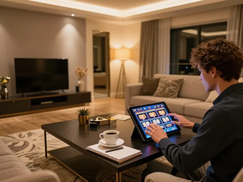 BL555 user engaged in online slots gaming from home, showcasing a cozy environment and modern design.