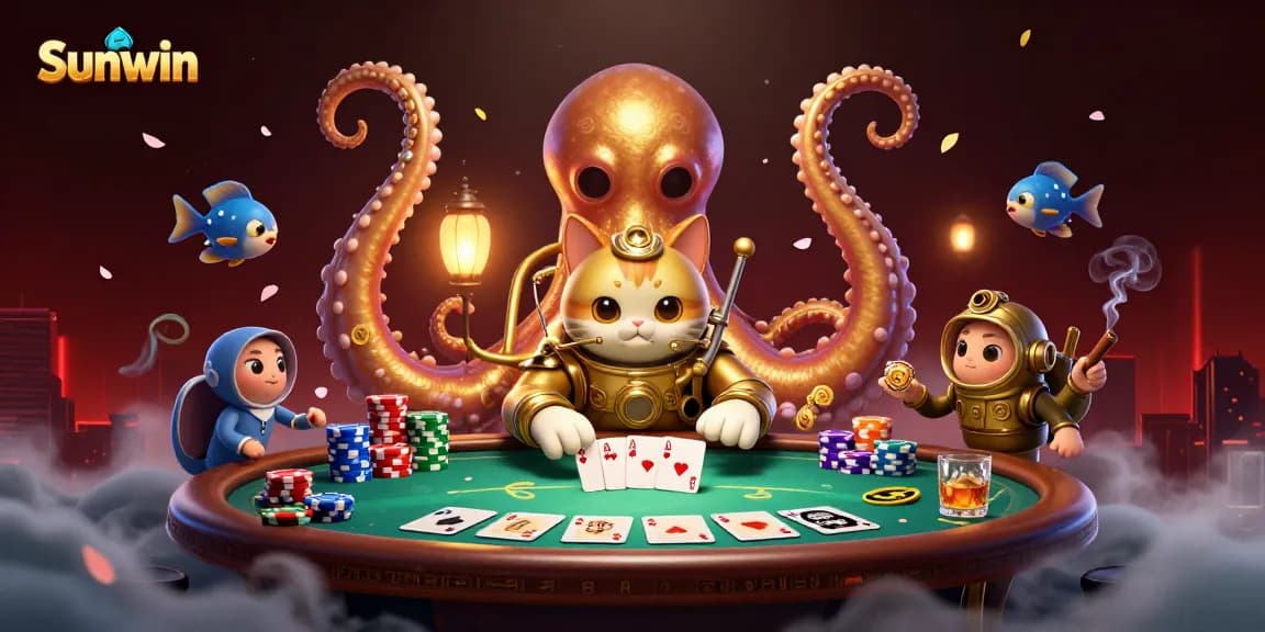 Sunwin casino scene featuring a kraken and vintage diving cat amidst a vivid poker table and colorful chips.