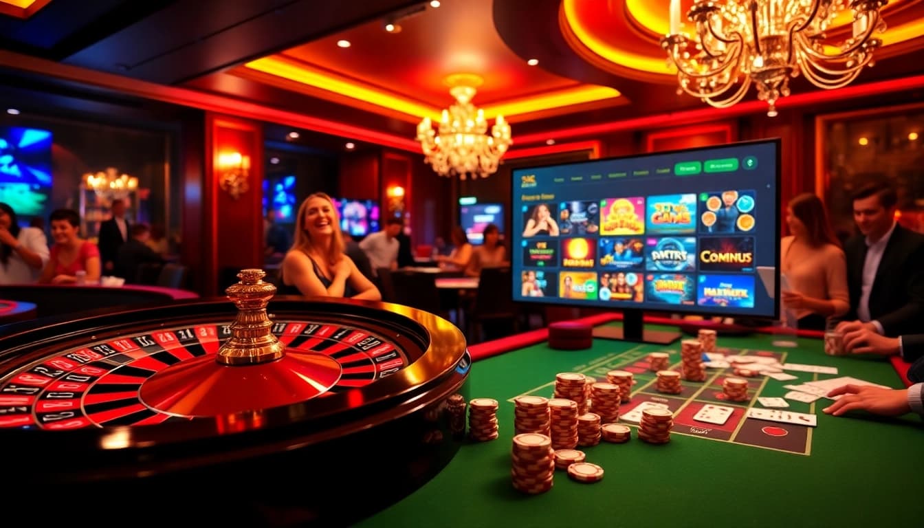 Play exciting games at SV66's vibrant casino scene with a roulette wheel and colorful poker chips.