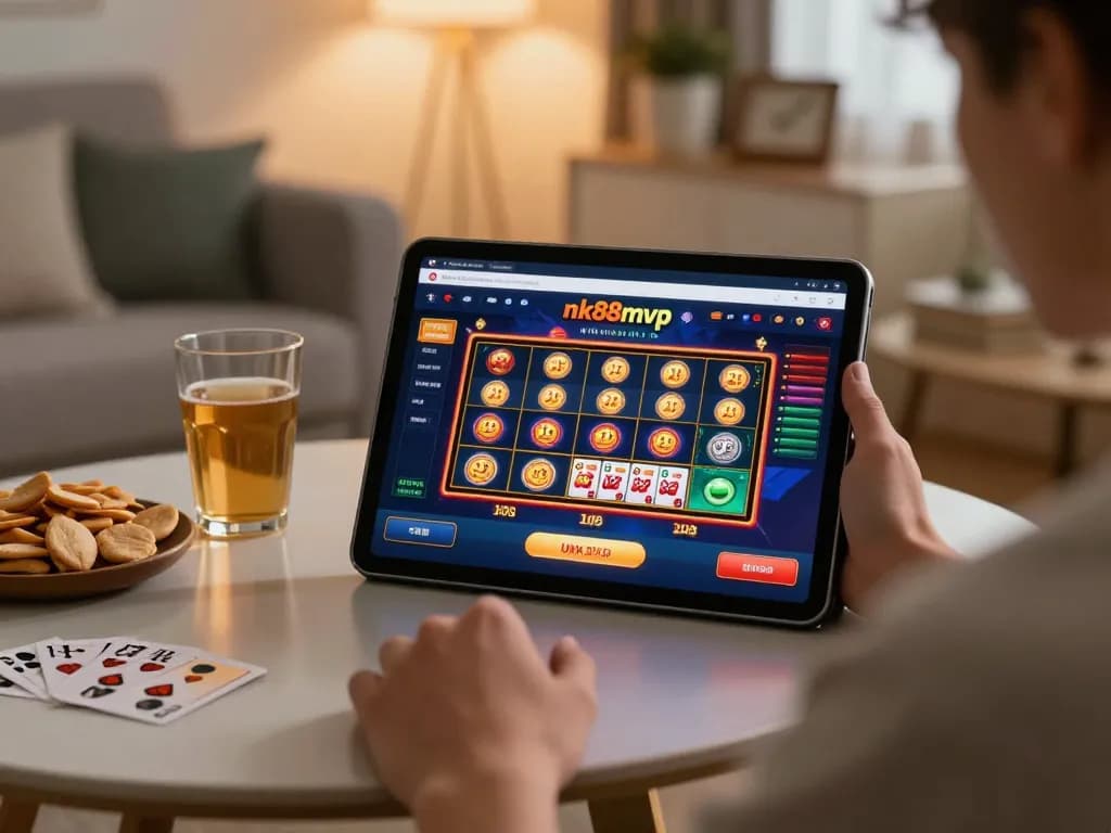 Player enjoying an interactive experience with nk88mvp casino games on a tablet, set in a cozy living room.