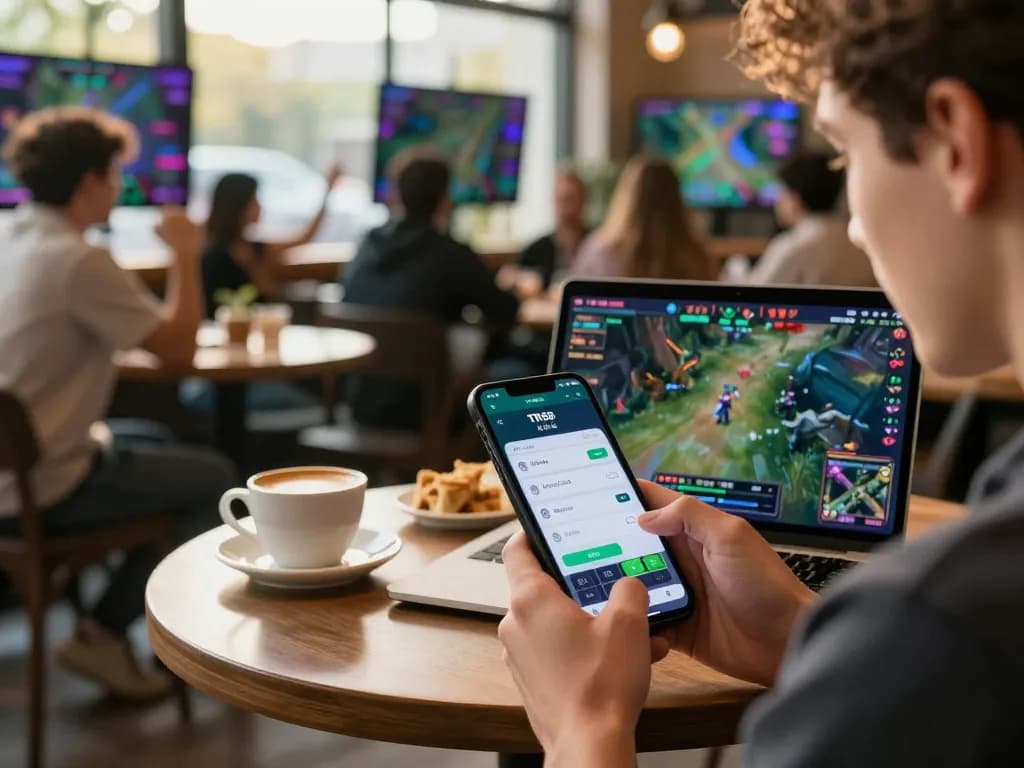 Betting live on esports via the TR88 APK app, showcasing dynamic game elements and user engagement at a café.