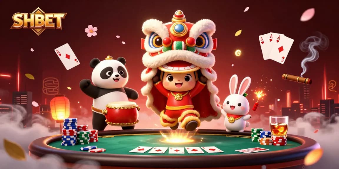 Experience thrilling gaming with SHBET's vibrant casino scene featuring lively characters and poker elements.