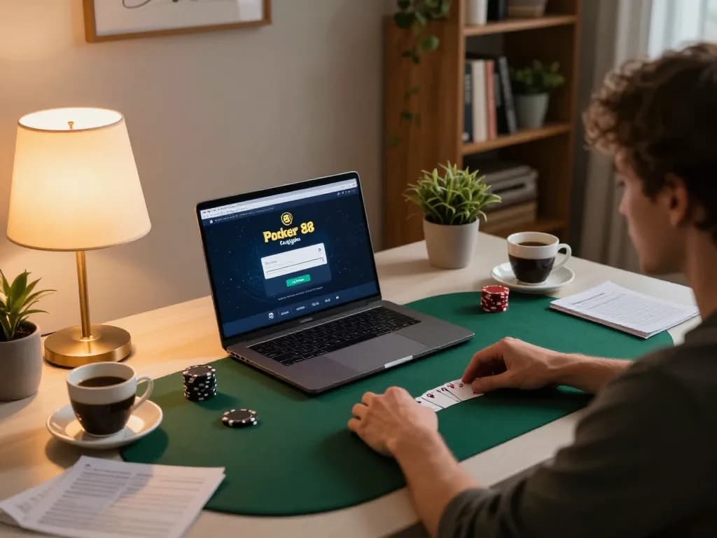 Engaging in Poker 88 Login online gameplay at a cozy home setup, showcasing laptop interface and strategic elements.