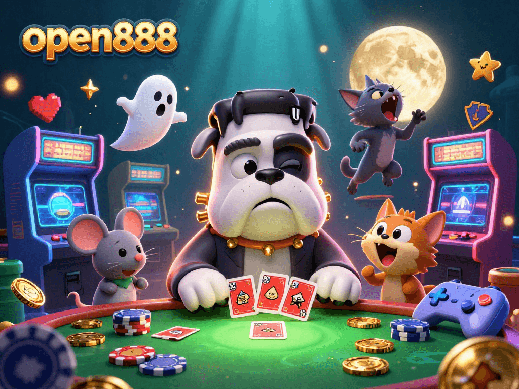 Engage with open888 at an exciting casino scene with playful characters and vibrant gaming elements.