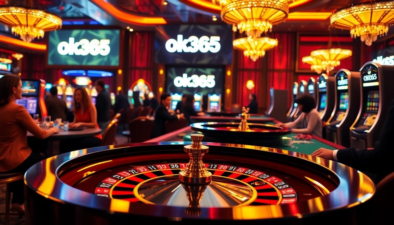 Experience thrill at OK365 casino with dynamic games, poker chips, and roulette action.