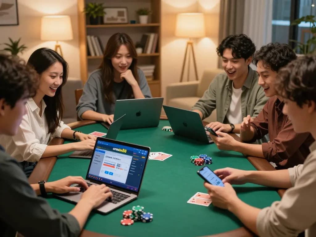 Pemain yang terlibat menggunakan ombak88 untuk poker online di lingkungan rumah yang nyaman.