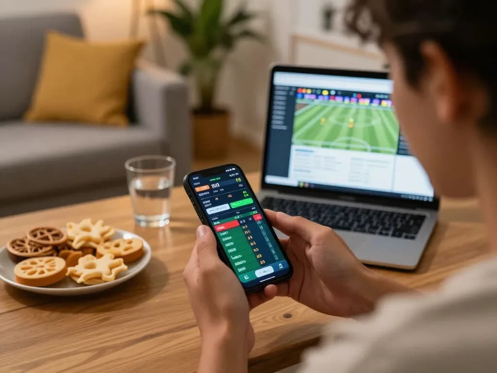 Engaging mobile sports betting moment with bdtk66 app showing live odds and excitement in casual home