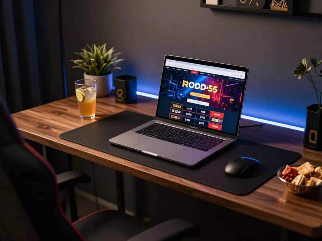 Engaging gameplay experience with god55 on stylish laptop in cozy online gaming setup.