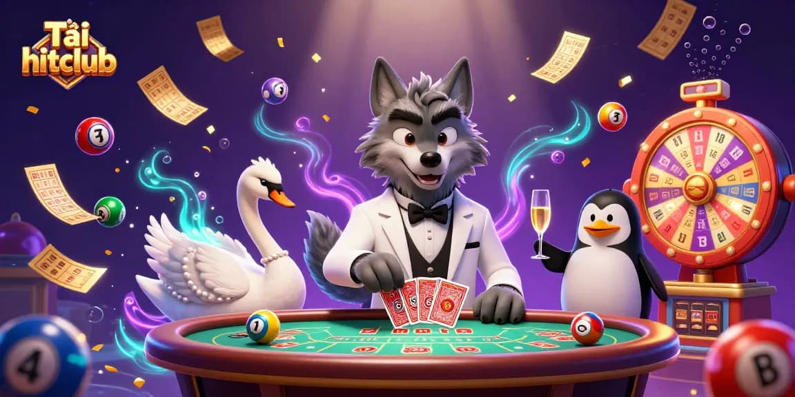 Tải hitclub and enjoy vibrant gambling adventures with a debonair wolf and elegant swan in a 3D casino scene.
