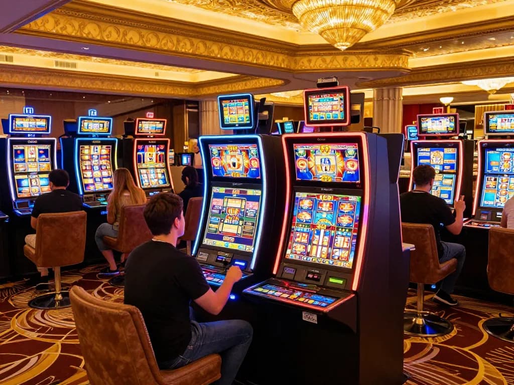 Players enjoying vibrant slot machines at nohu.com, celebrating big wins with drinks and excitement.
