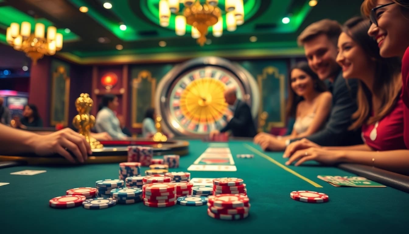 Experience the thrill of MI88 with an engaging casino scene showcasing a vibrant gaming table and roulette wheel.