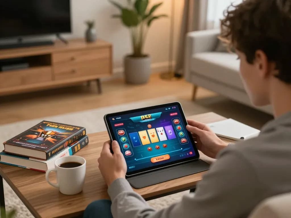 B52 CLUB player enjoying a thrilling online gaming session on a tablet in a cozy home
