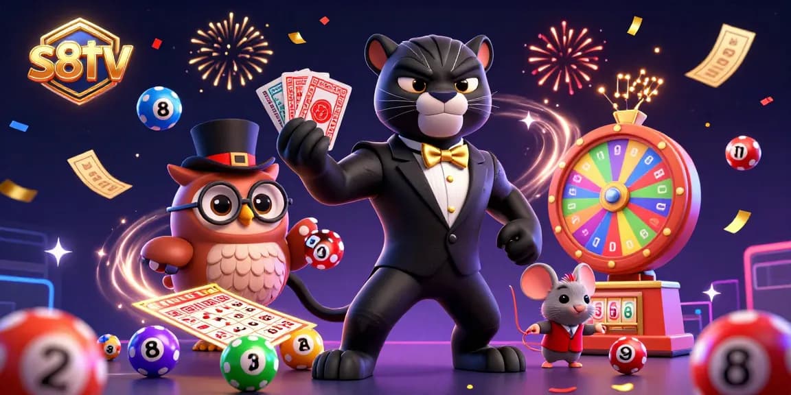 S8TV elevates the gaming experience with a stylish panther, owl, and lucky mouse amidst dynamic casino elements.
