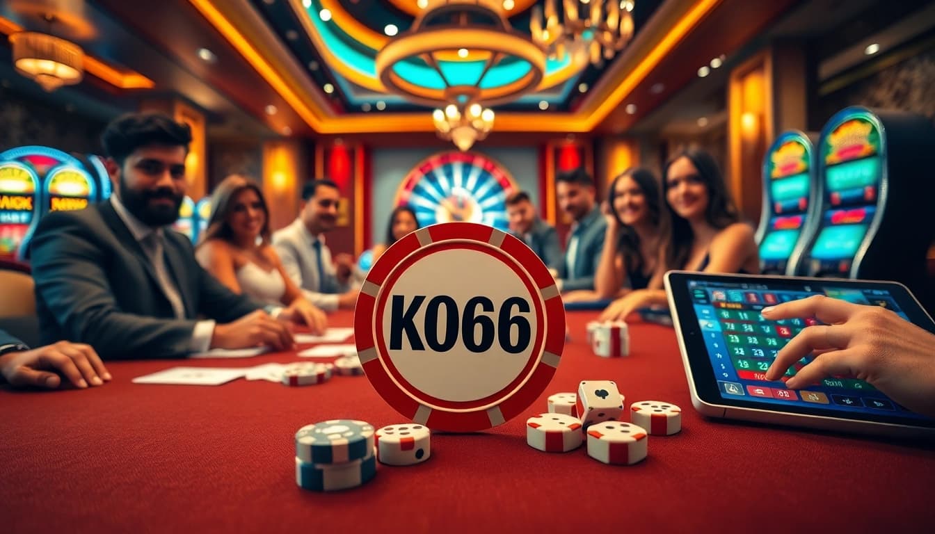 Chip poker KO66 lấp lánh giữa các lá bài và xúc xắc trên bàn casino sôi động, tượng trưng cho trò chơi cao cấp.