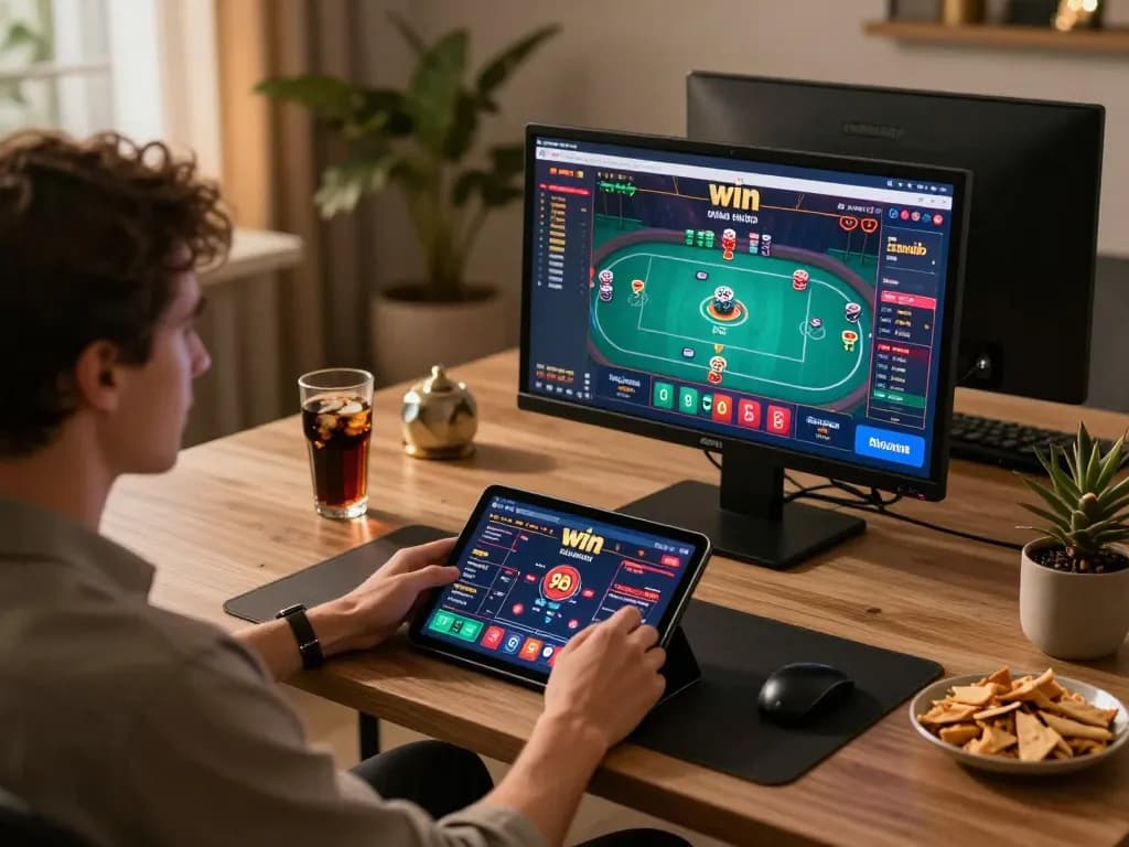Engaging online gaming experience at 98 win with a player using a tablet, showcasing casino game interface.