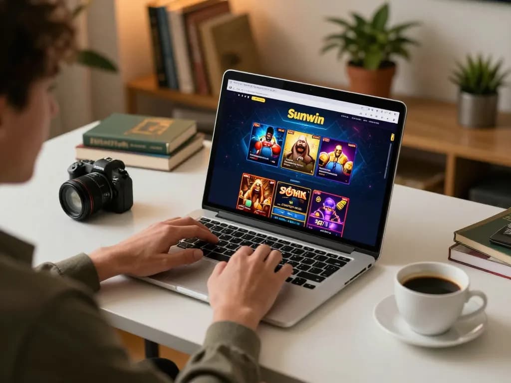 Player enjoying a session on Sunwin with an engaging online gaming interface on a cozy desk