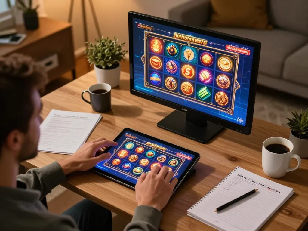 Player engaging with slot games on a tablet, experiencing 789p's vibrant online casino atmosphere
