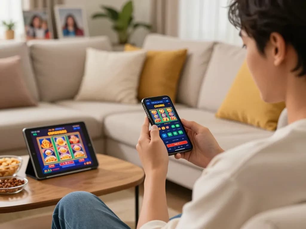 Cucu777 user enjoying online gaming session on smartphone in cozy home setting.