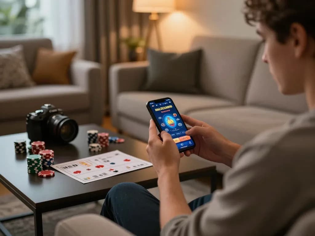 Pemain yang terlibat dalam perjudian online dengan aplikasi HALOCUAN98 di smartphone dalam suasana rumah yang nyaman.