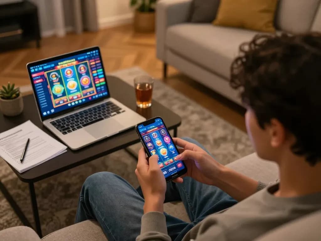 Person engaging with the lmhistory mobile casino app from a cozy home setting, reflecting responsible gaming.