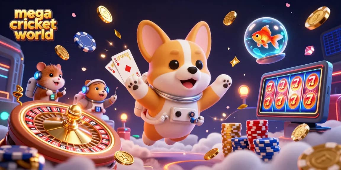 Experience mega cricket world in a dynamic casino scene with floating characters and game elements.