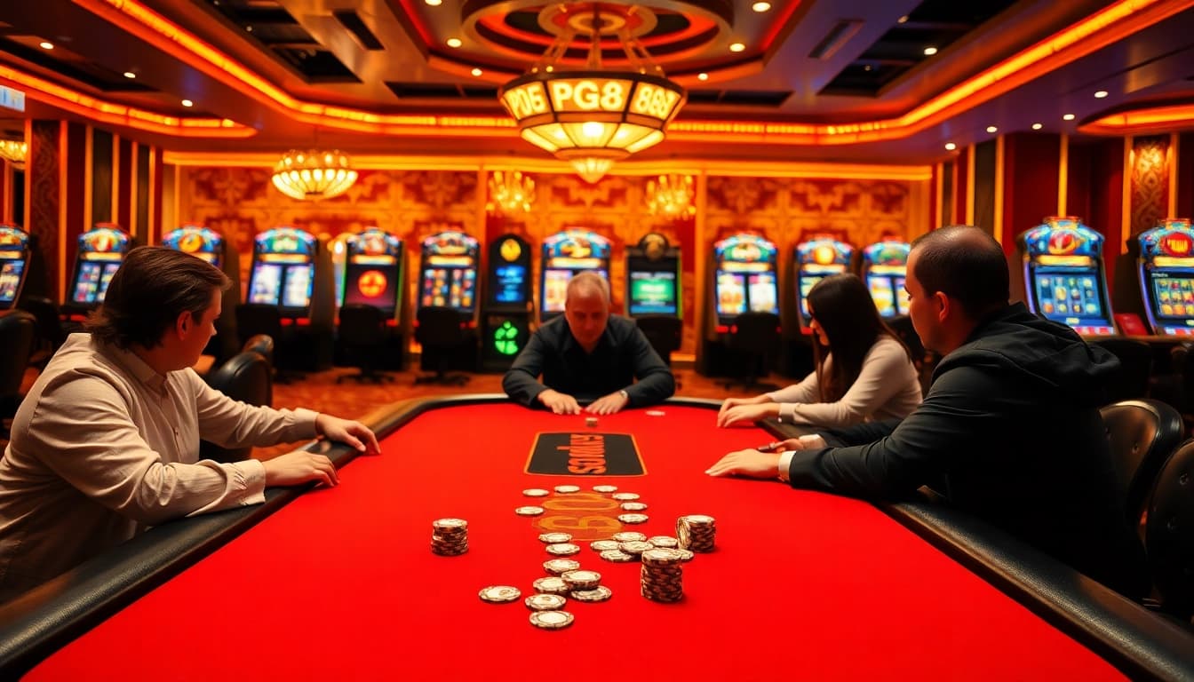 Players winning at PG88 poker table under luxurious casino lights.