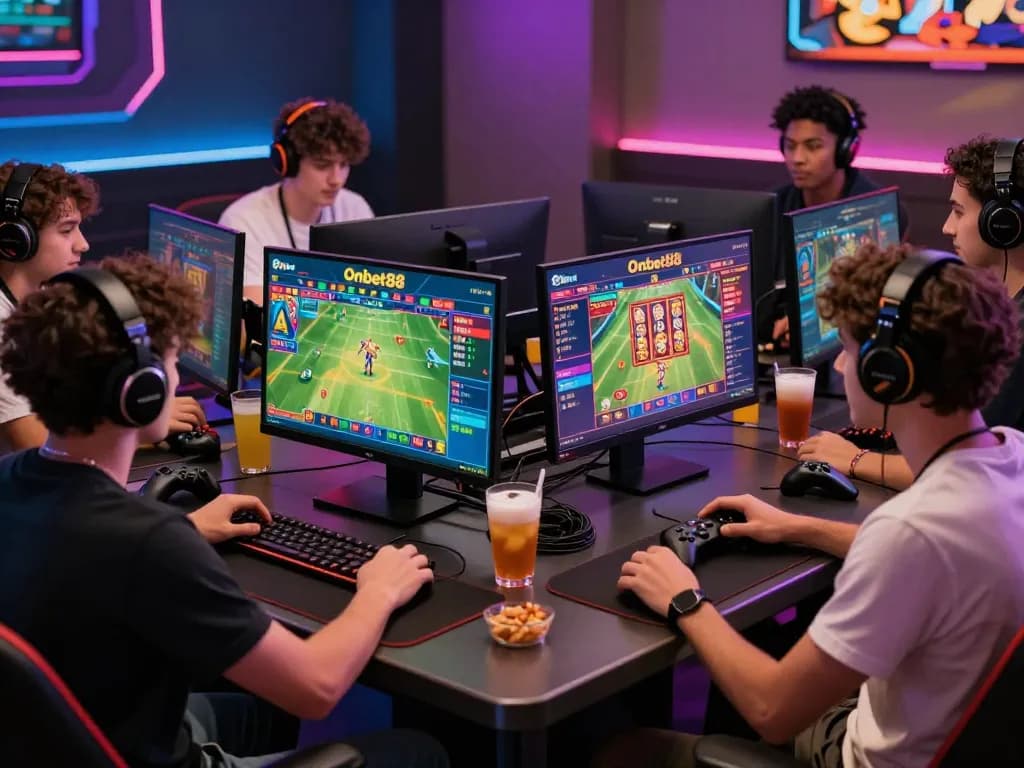 Friends enjoying a thrilling betting experience with Onbet88 in a vibrant online gaming environment, showcasing excitement and camaraderie.