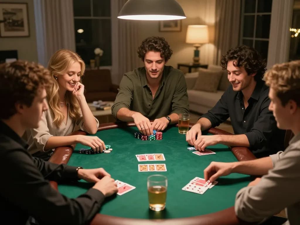 open88 players enjoying a lively poker night with friends, chips and cards arranged on the table