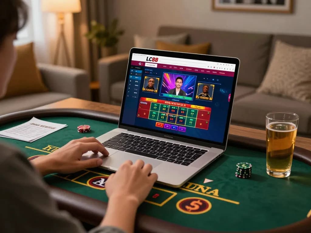 Engaging online player on trang chu lc88 laptop, immersed in Baccarat game with vibrant decor